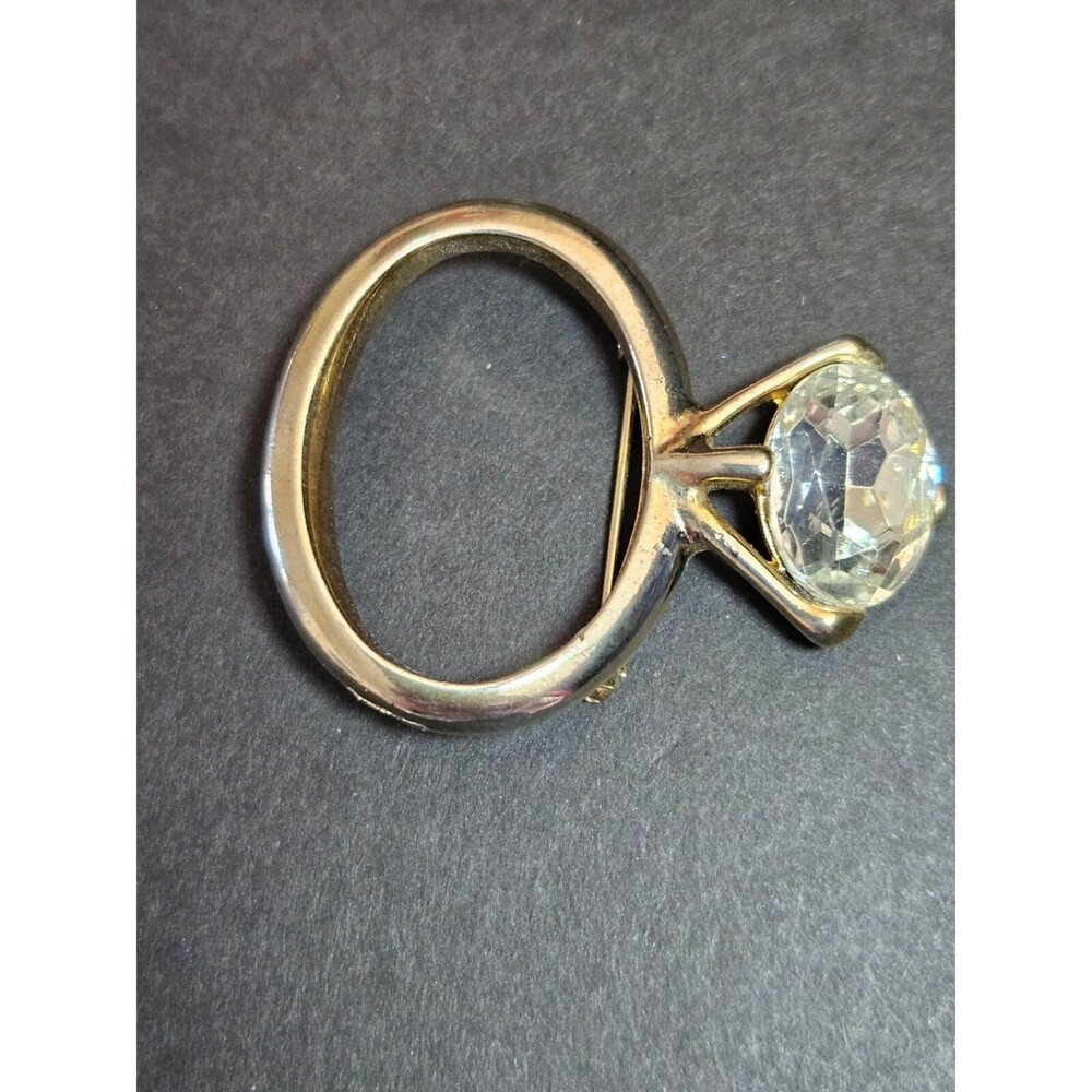 Vintage Gold Tone Solitaire Engagement Ring Brooch - Picture 6 of 9